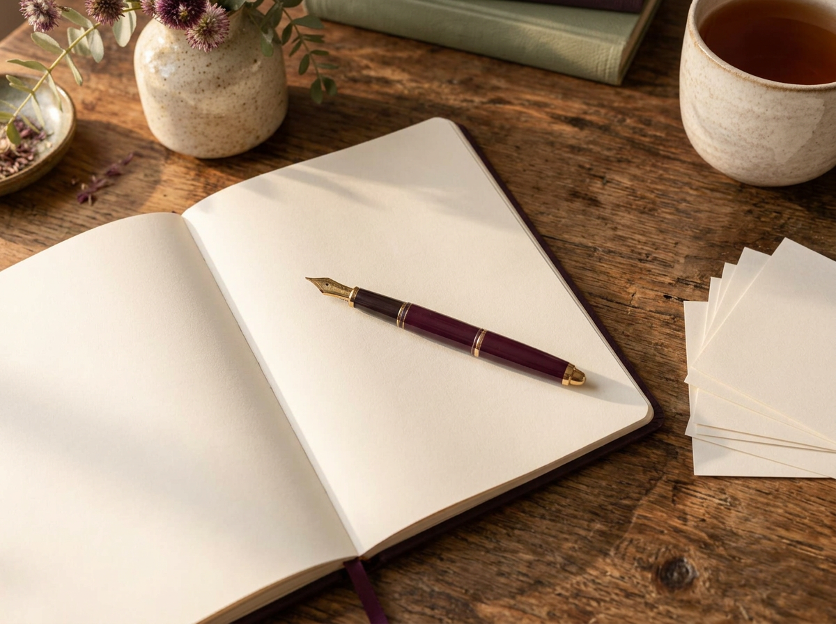 An open notebook and fountain pen on a wooden table, with index cards and a mug of tea nearby